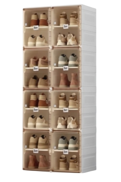 Rak Lemari Sepatu Antbox 2 Baris 16 Slot, Pintu Transparan Coklat